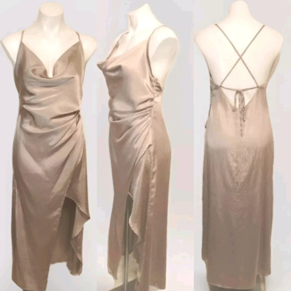 Free People Champagne Satin Slip Maxi Dress Cowl Neck Backless Quiet Luxury US 8